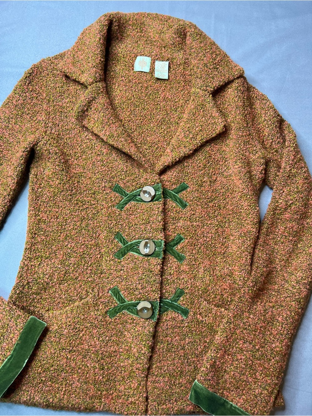 HWR for Anthropologie Bouclé Jacket | XS | Rust & Moss Green Velvet Trim